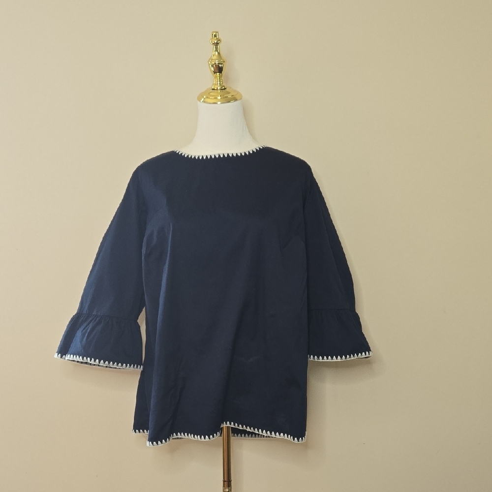 Talbots Navy Bell Sleeve Top w/ White Trim Preppy Nautical Coastal Cotton Blouse